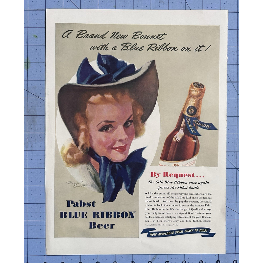 Print Ad 1940 Pabst Silk Blue Ribbon Beer Bradshaw Crandall Art Woman Bonnet